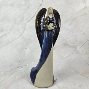 Ceramic Glazed/Unglazed Blue/Cream Angel Holding a Heart Figurine Freestanding